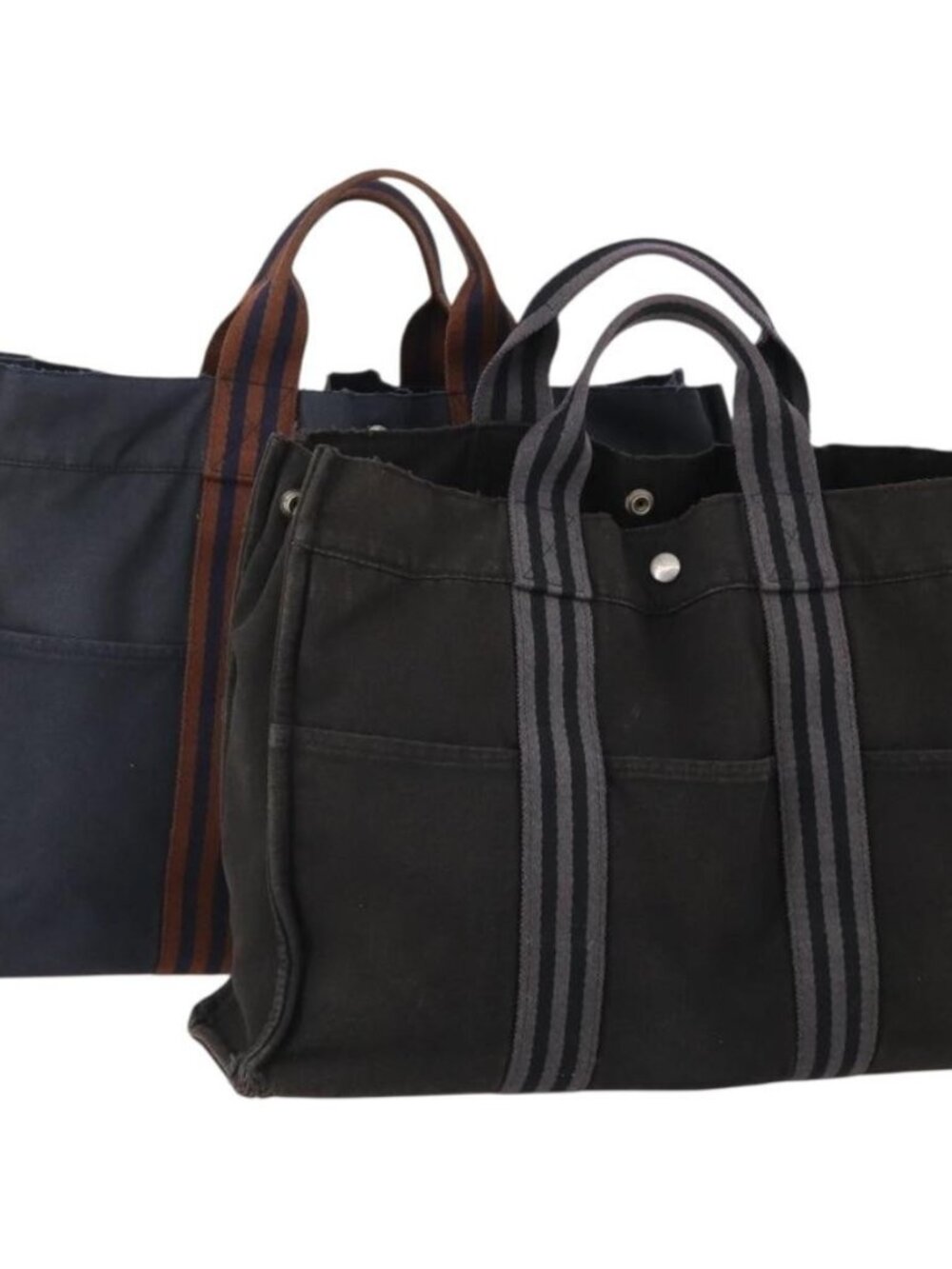 HERMES Fourre Tout Hand Bag Cotton 2 Set Black Navy Auth 181810
